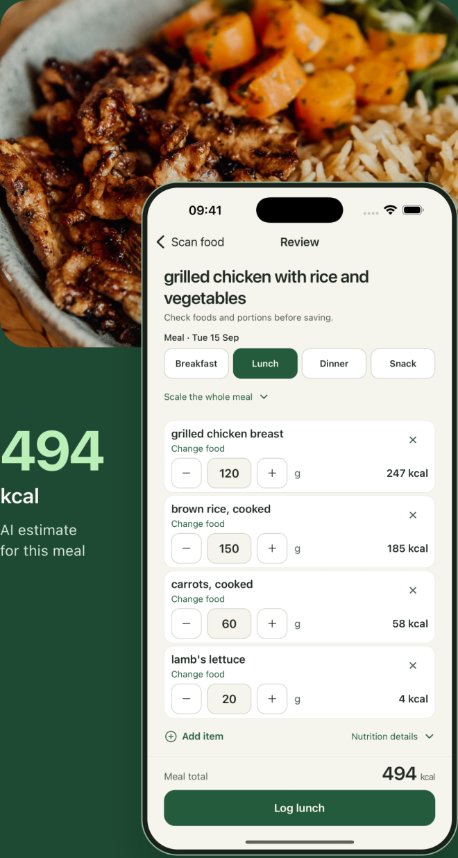 Chicken and rice beside its actual KcalSnap review, with an estimated 494 calories and adjustable portions.